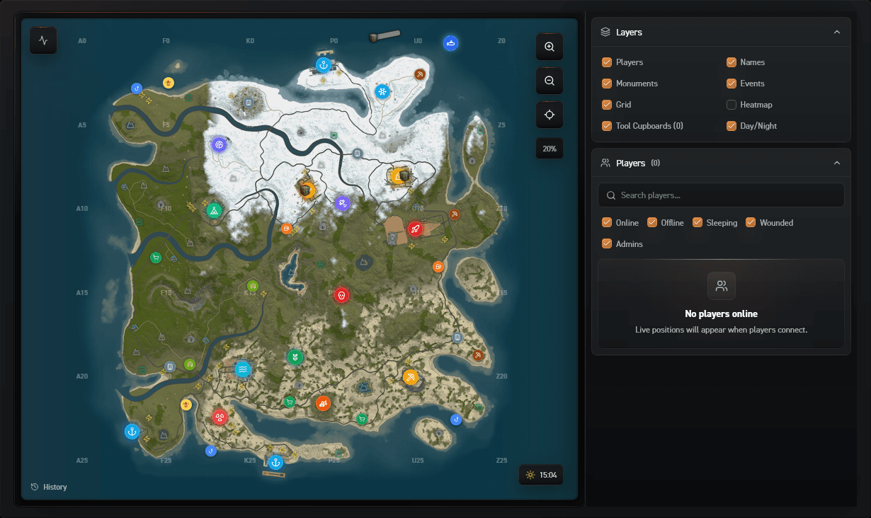 RustPanel live map showing server telemetry